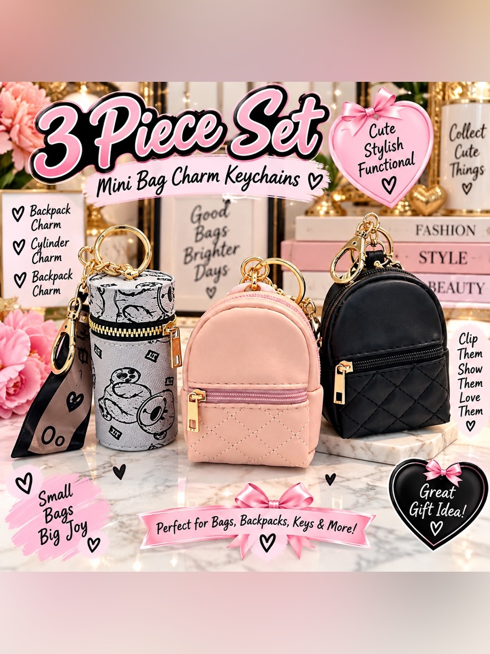 3 piece backpack charm keychain set